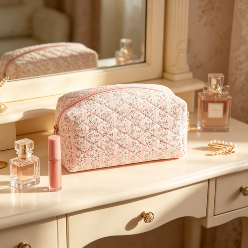 🌸 Beauty Organizer | Quilted Floral Fabric | Charming Travel Cosmetic Bag