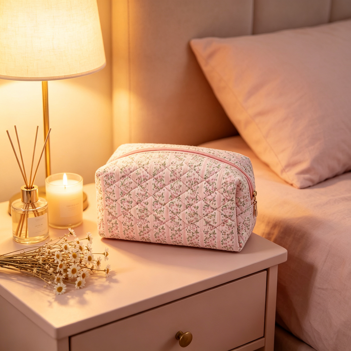 🌸 Beauty Organizer | Quilted Floral Fabric | Charming Travel Cosmetic Bag