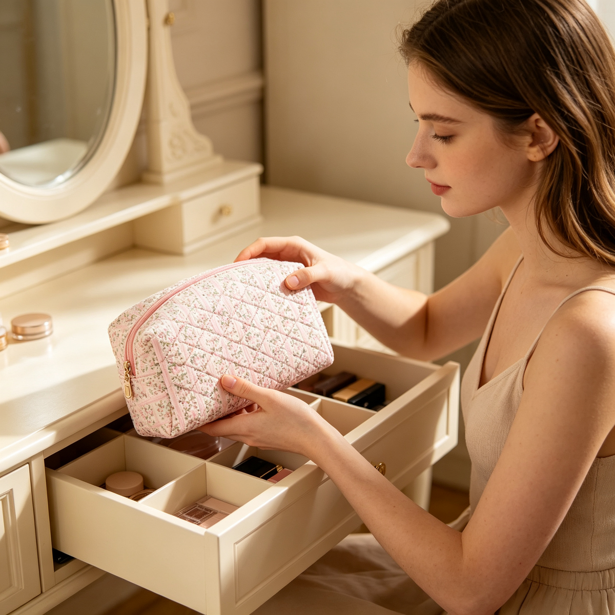 🌸 Beauty Organizer | Quilted Floral Fabric | Charming Travel Cosmetic Bag