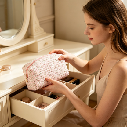 🌸 Beauty Organizer | Quilted Floral Fabric | Charming Travel Cosmetic Bag